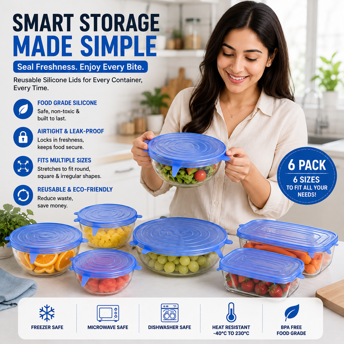 Universal Reusable Silicone Lids – 6-Pack