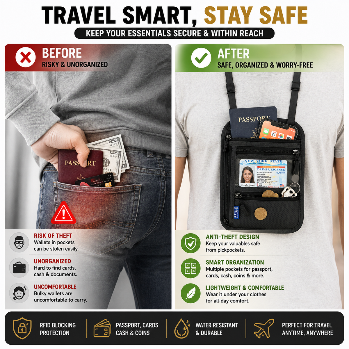 RFID Travel Neck Wallet Pouch