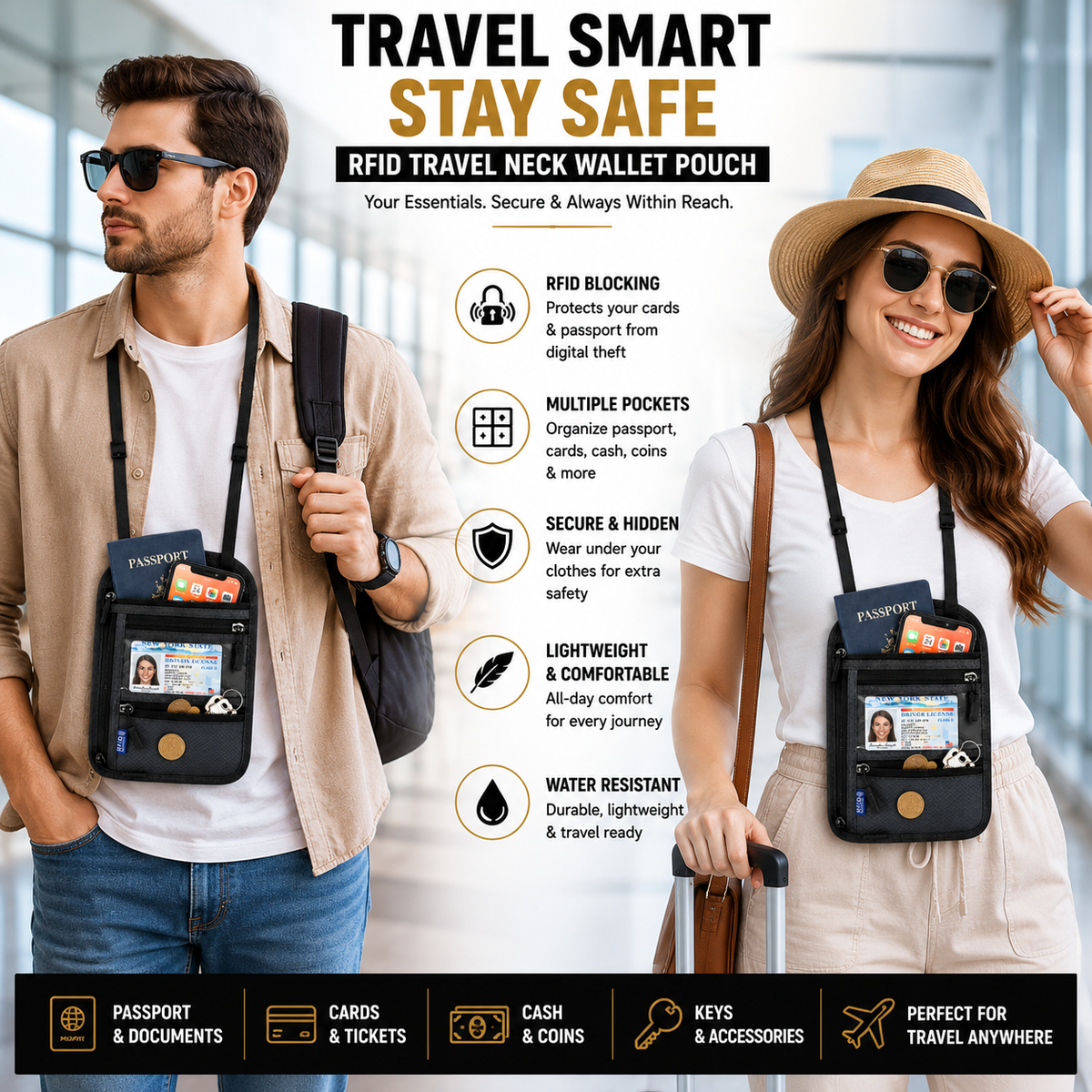 RFID Travel Neck Wallet Pouch